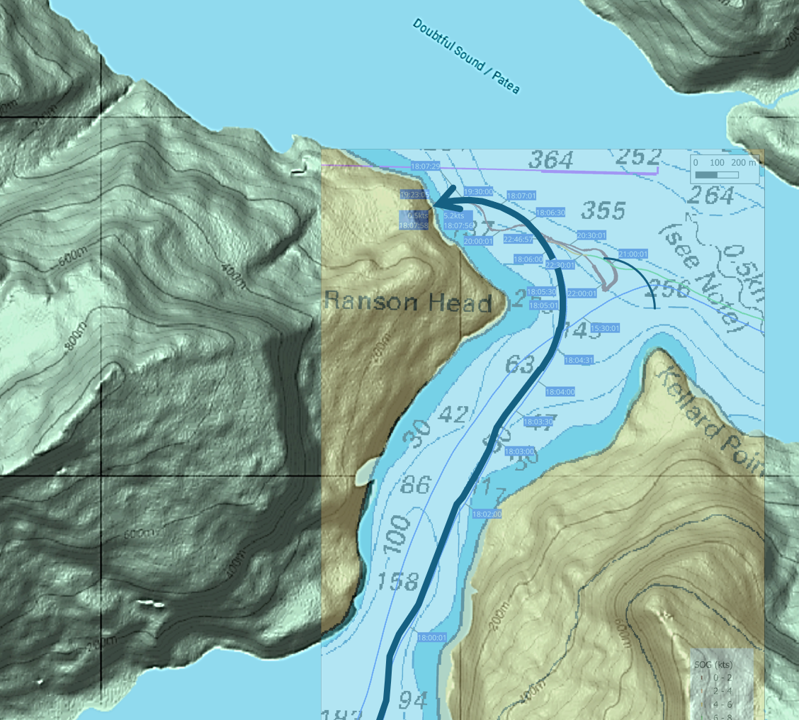 Composite image showing the track of the Fiordland Navigator up to the point of collision with the shore