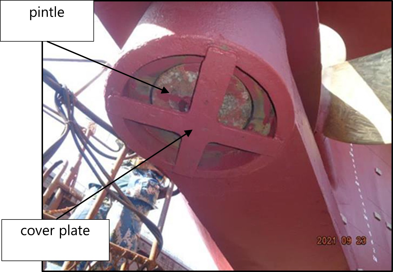 Photo of the pintle reinstalled in 2021 dry dock, with cover plate in place