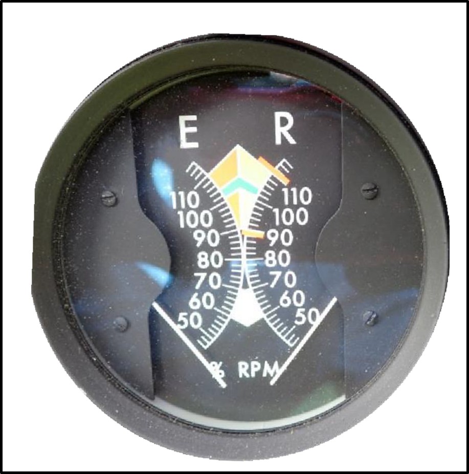 A photo of an engine and rotor dual tachometer indicator