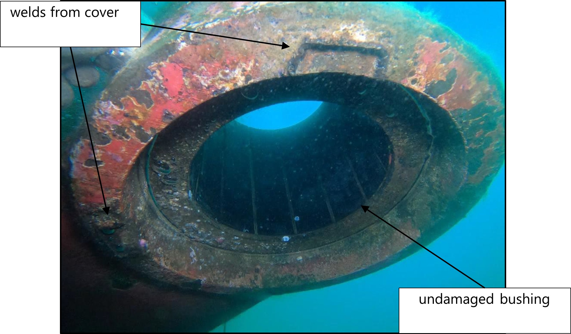 Photo of bushing and gudgeon (viewed looking up)