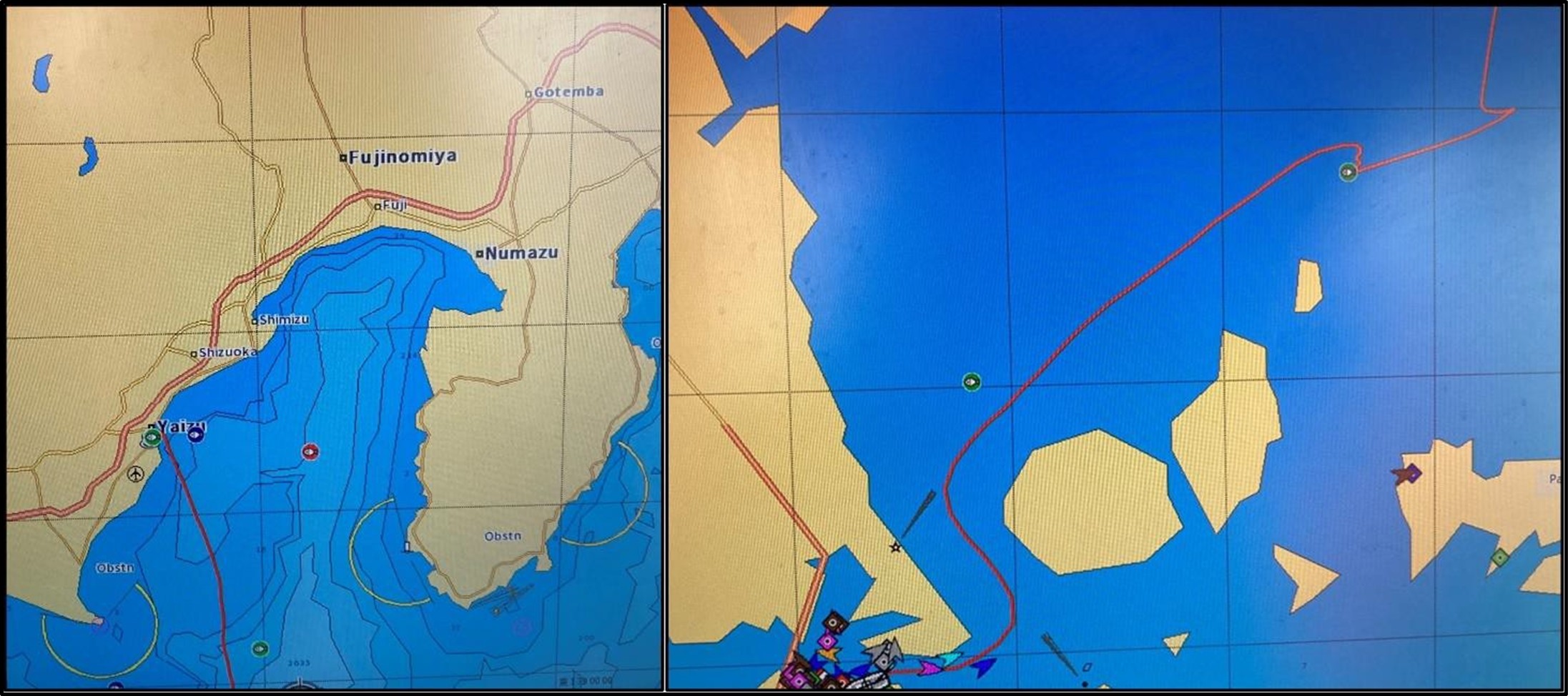Comparison of chart plotter details. Left, Japanese coastal water; right, New Zealand coastal waters