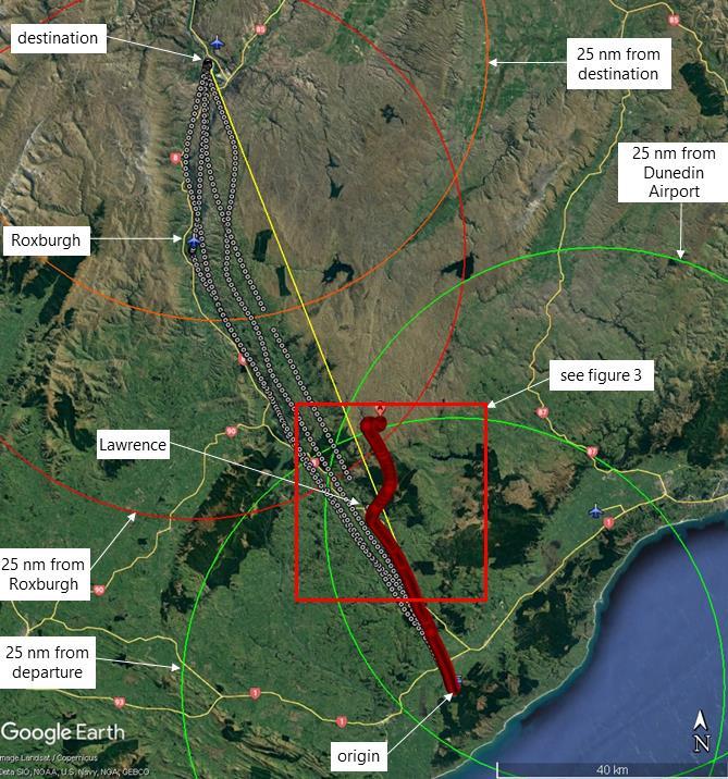 The map view of flight path with 25 NM range rings