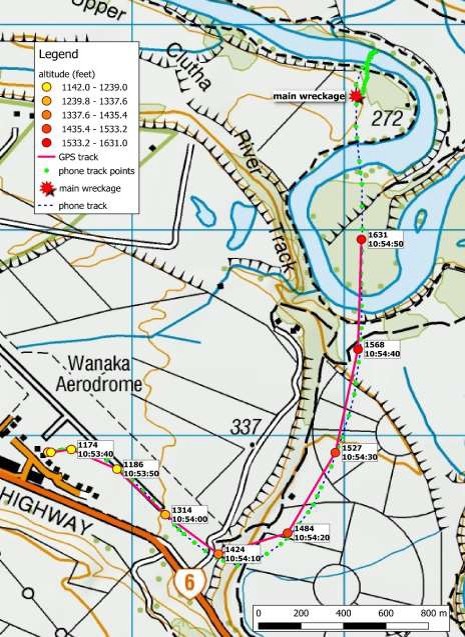 Figure 3: Chart showing the flight track of the helicopter as it departed Wānaka Aerodrome (Track data derived from onboard navigation and mobile phone GPS units)