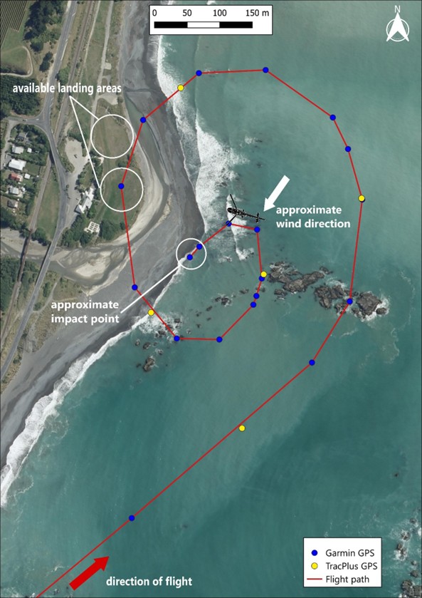 Aerial view of the flightpath of ZK-HEK