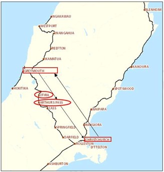 Route and locations of the TranzAlpine train journey