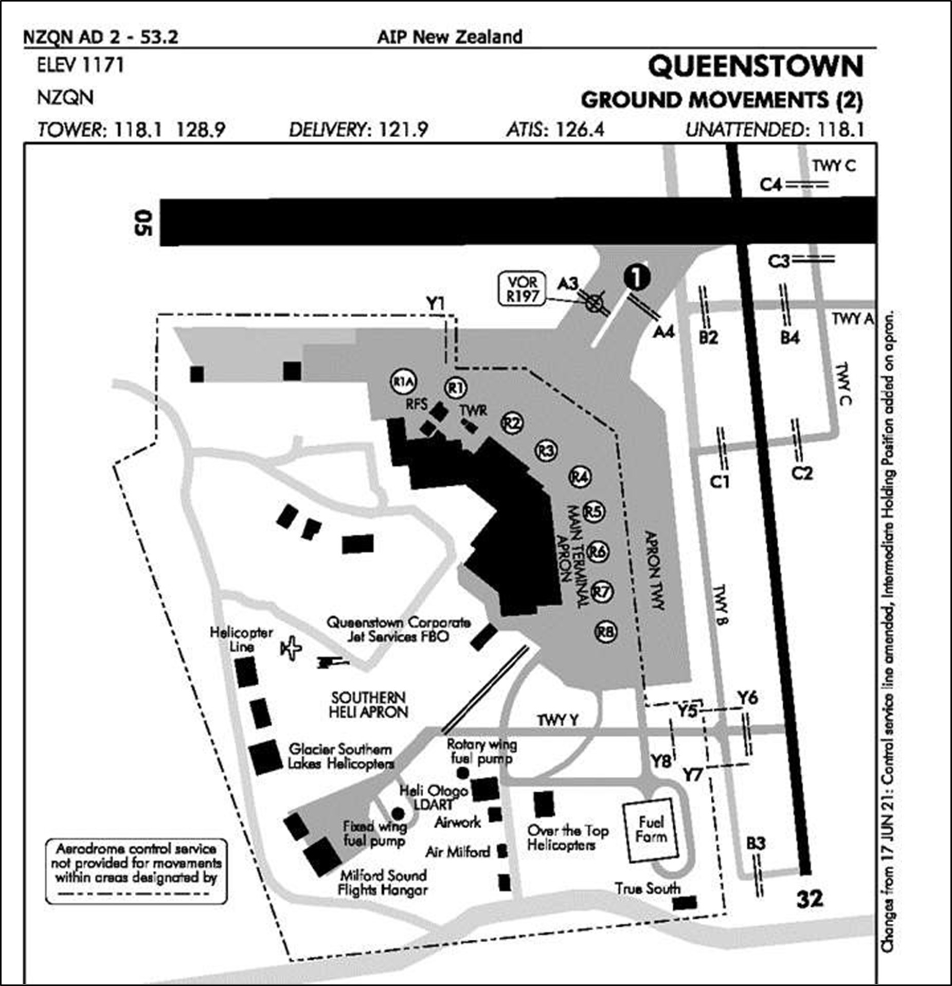 Figure 6: AIP Queenstown ground movements (1), showing area not covered by aerodrome control service (Credit: CAA/AIP New Zealand. Mark up by TAIC)