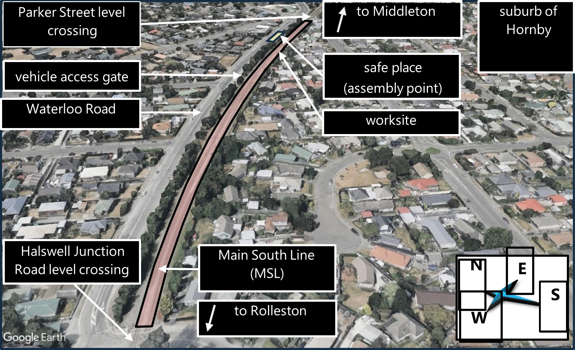 Map of MSL between Parker Street and Halswell Junction Road level crossings