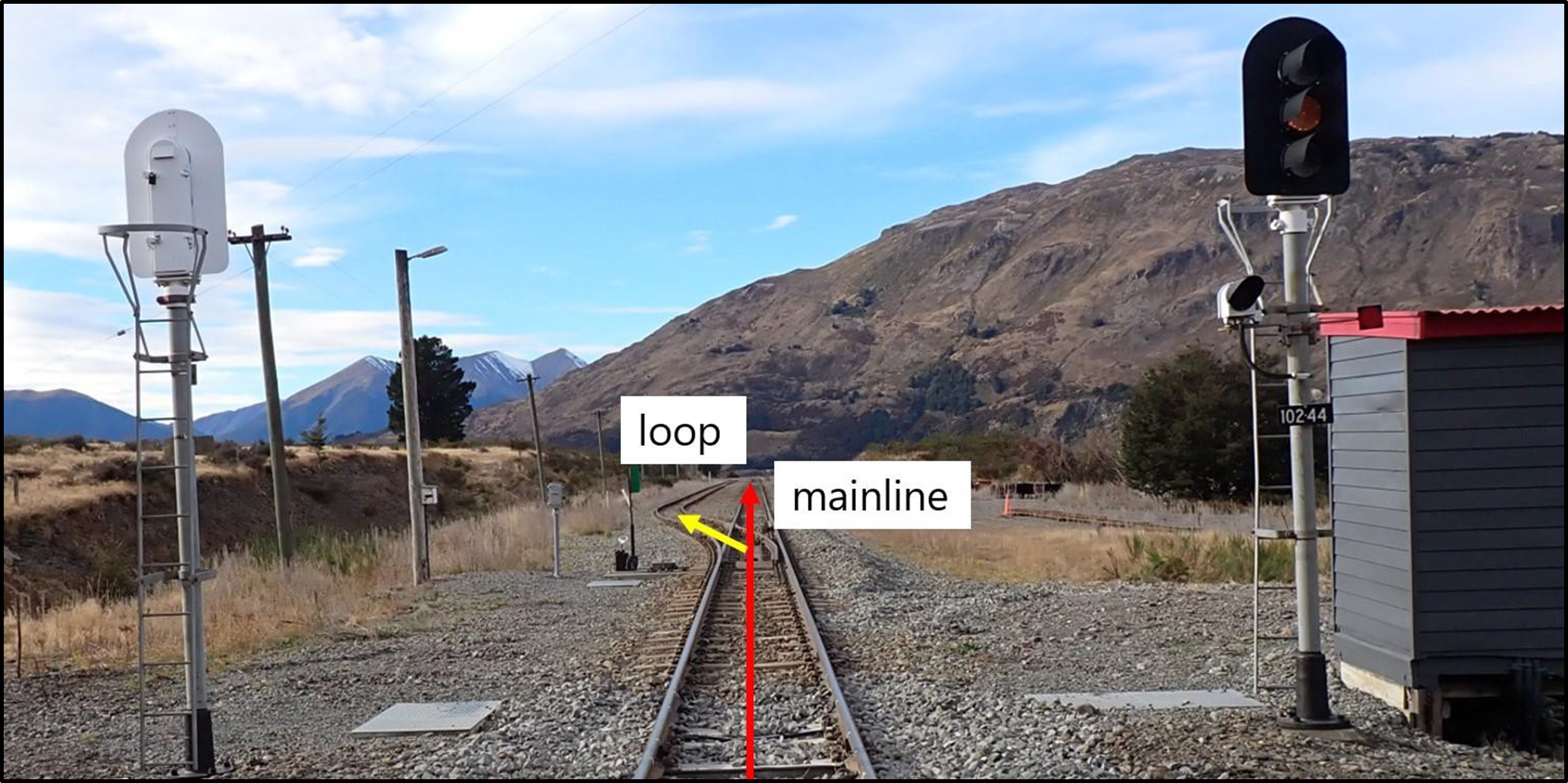 Photo of the West end of Cora Lynn showing the main line, the loop and signal 10244 (displayed red, not yellow, at the time of the incident)