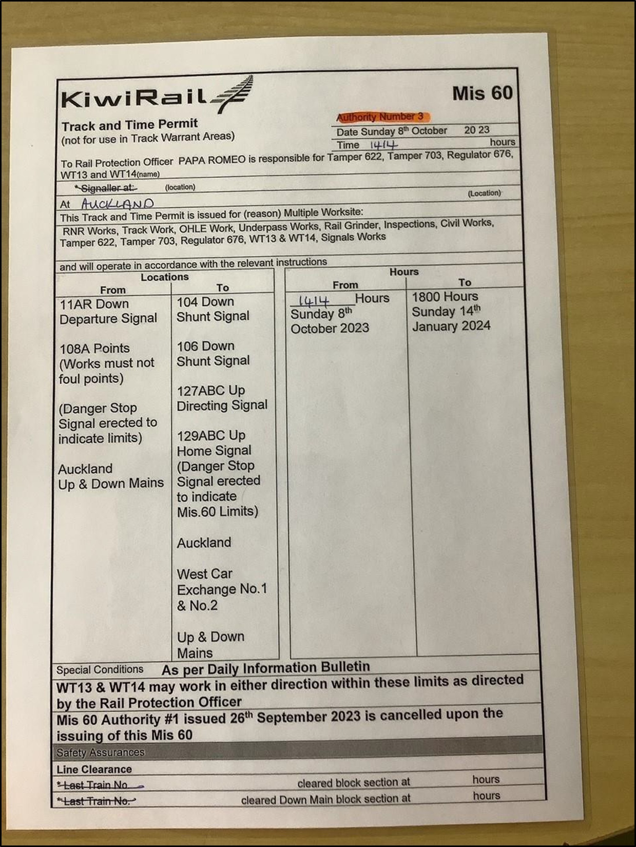 Mis.60 in effect at time of derailment