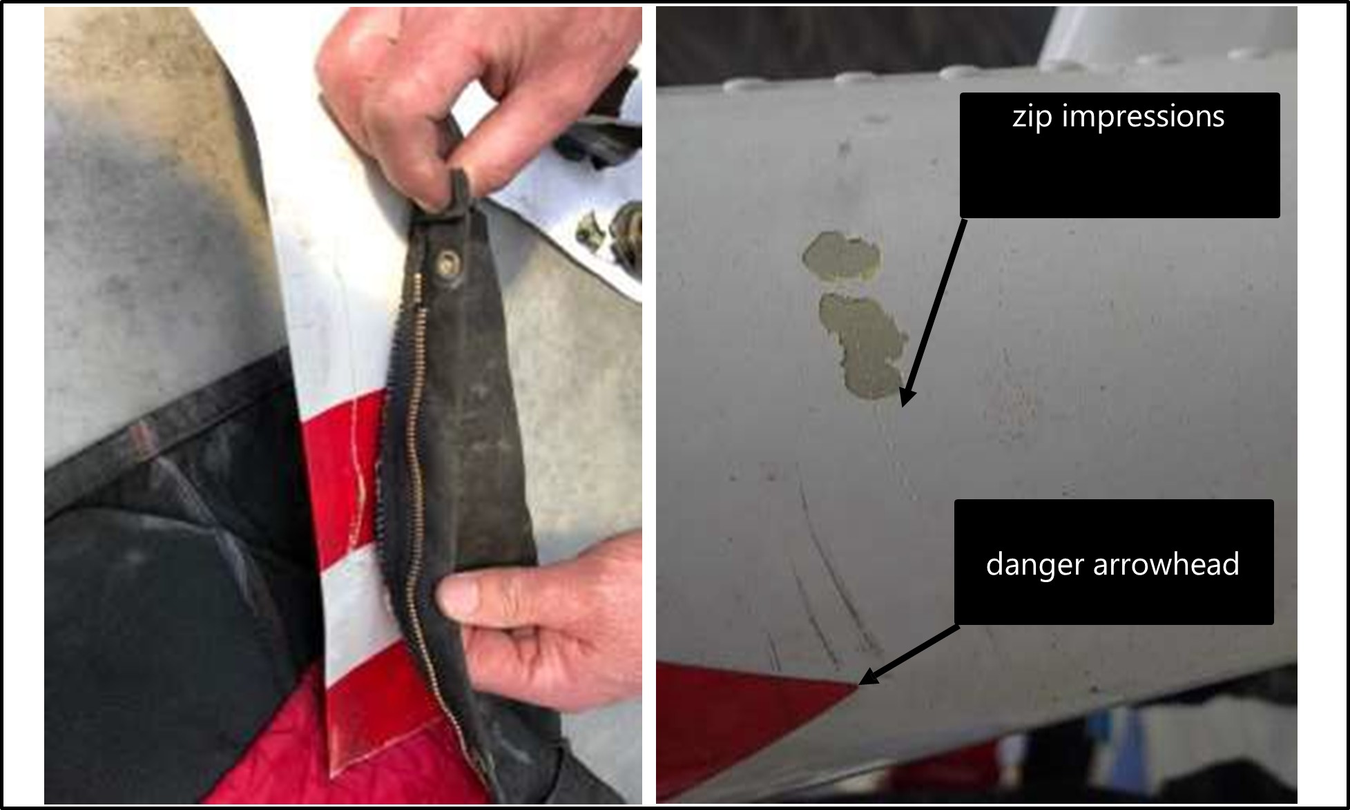 Figure 7: Black overalls’ zip impact on tail rotor blade and tail boom