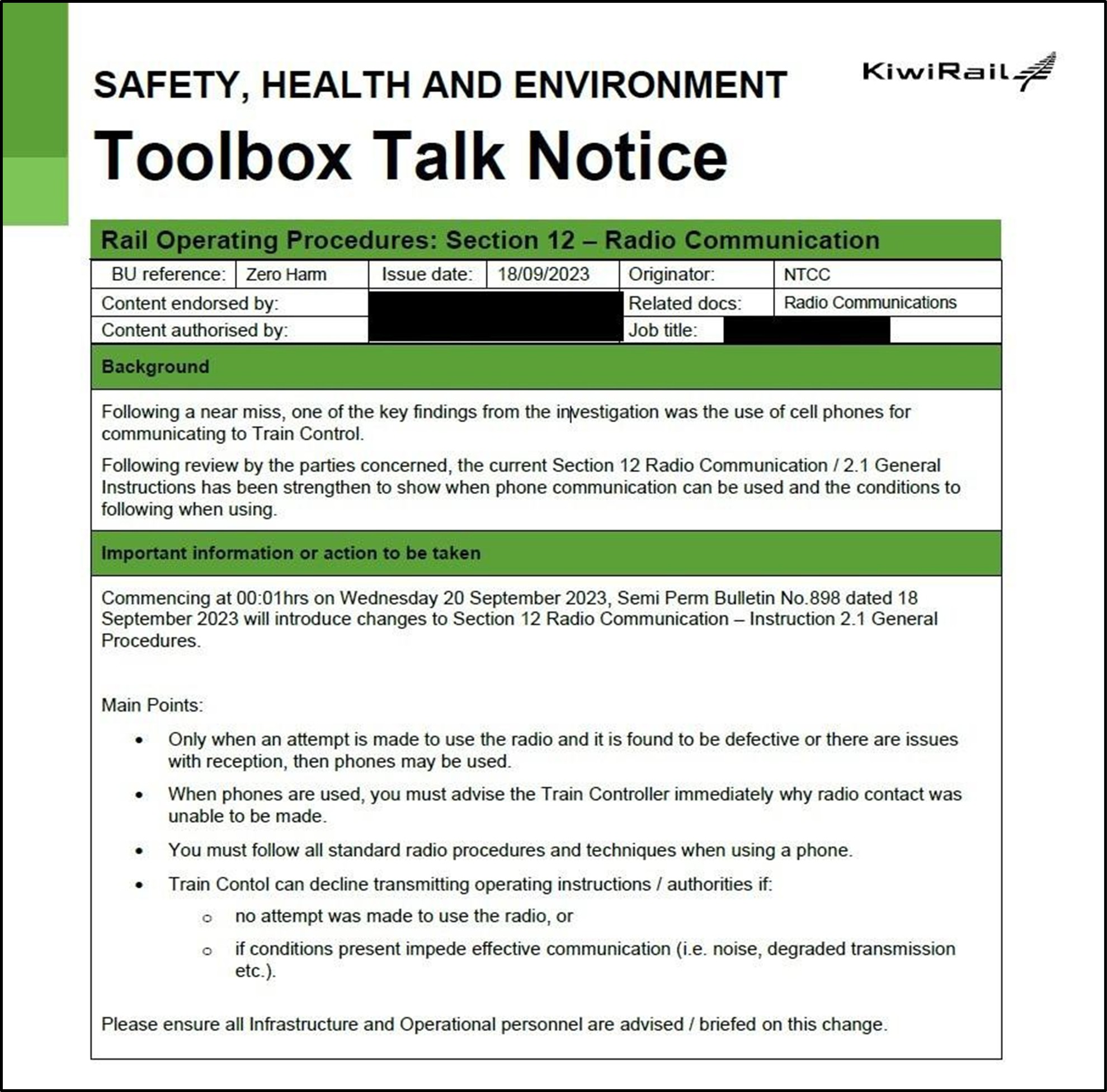 KiwiRail Toolbox Talk Notice dated 18/09/23
