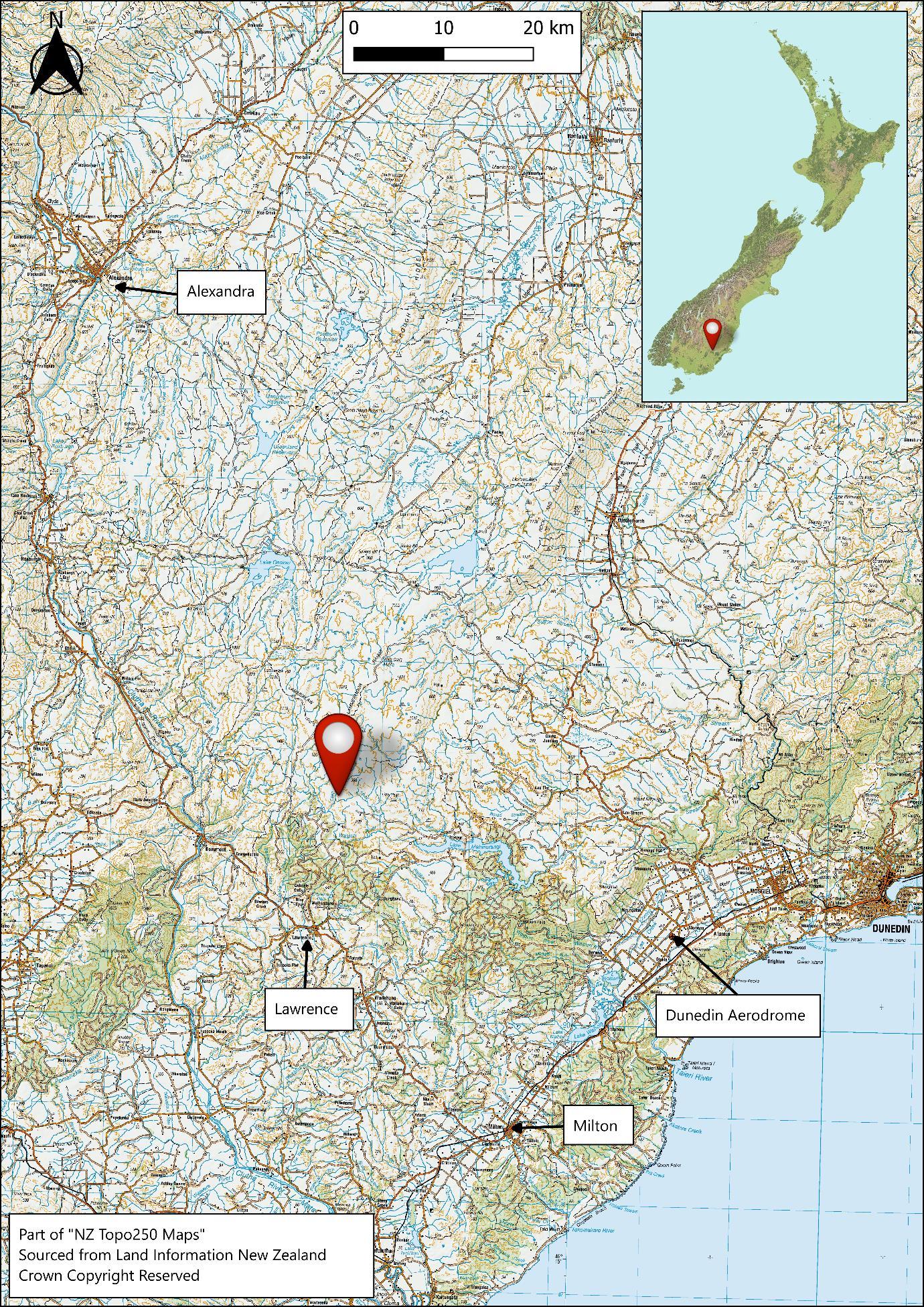 Map of the location of accident: Lammerlaw Range, 40 km northwest of Dunedin aerodrome