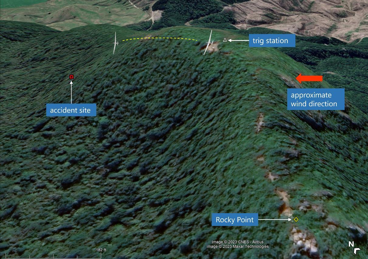 The map view from Google Earth showing likely glider path immediately before impact