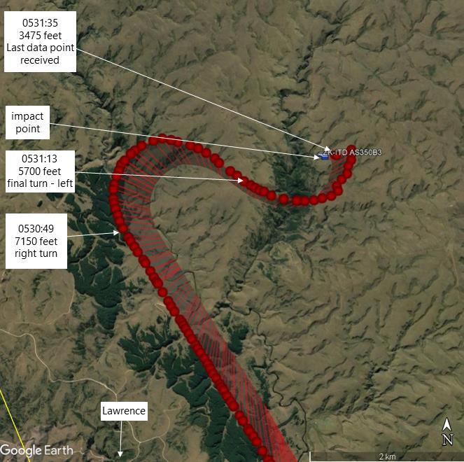 The map showing the final minutes of the flight path
