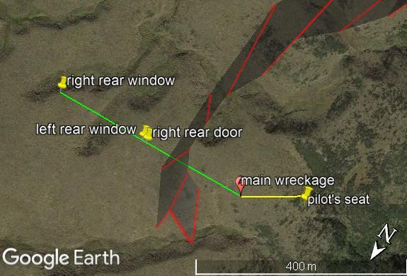 Location of main wreckage relative to rear door and windows (340 m to right rear window)