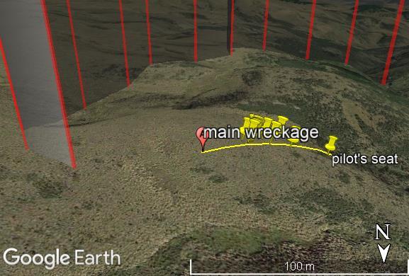 Wreckage distribution (about 130 m to pilot’s seat)