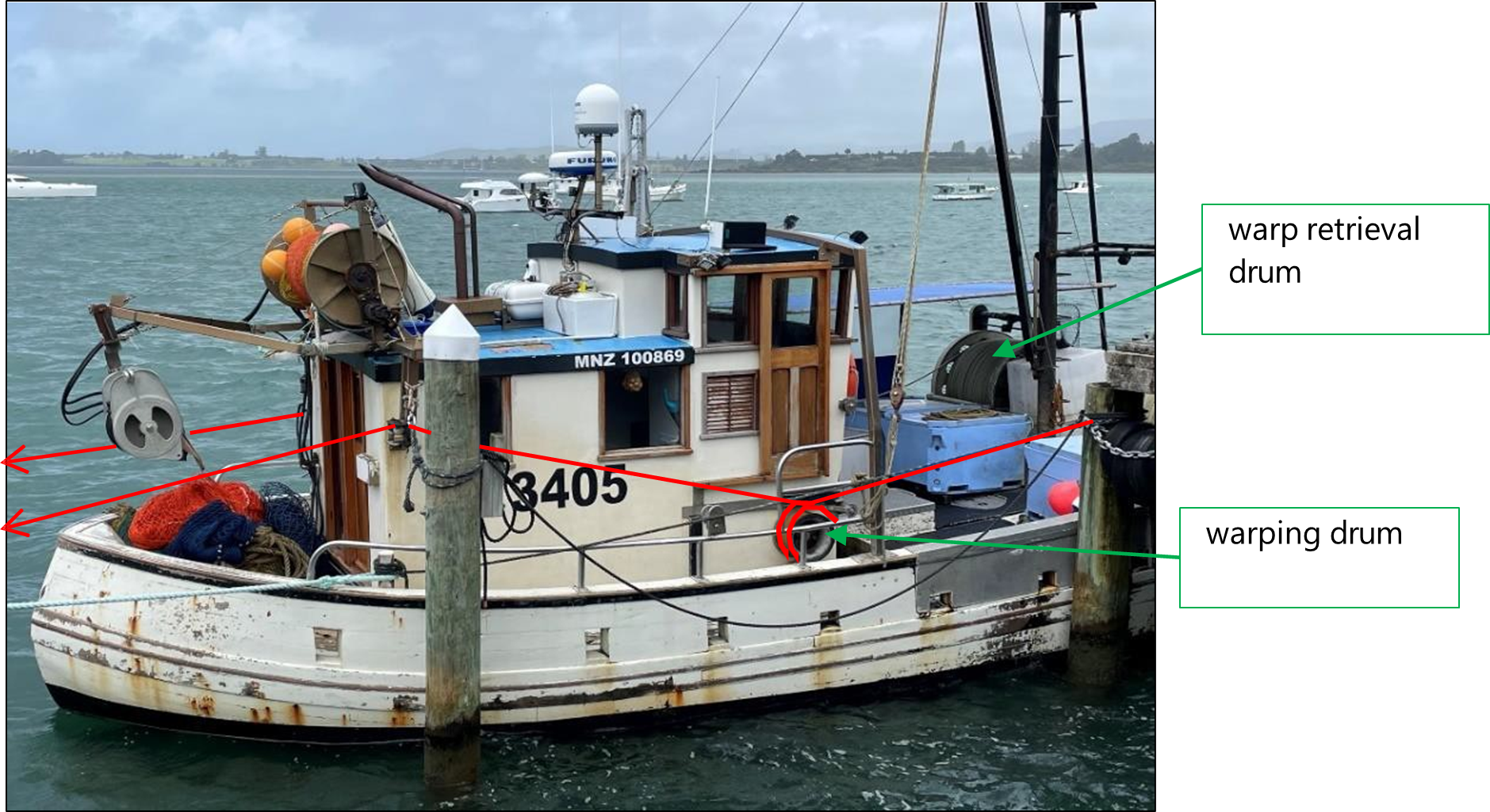 Figure 3: Boy Roel at the dock showing the typical trawl warp arrangement (red lines depict the trawl warp)