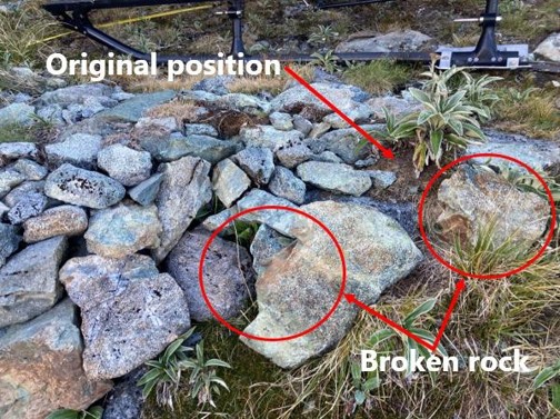 Front of landing site showing broken rock