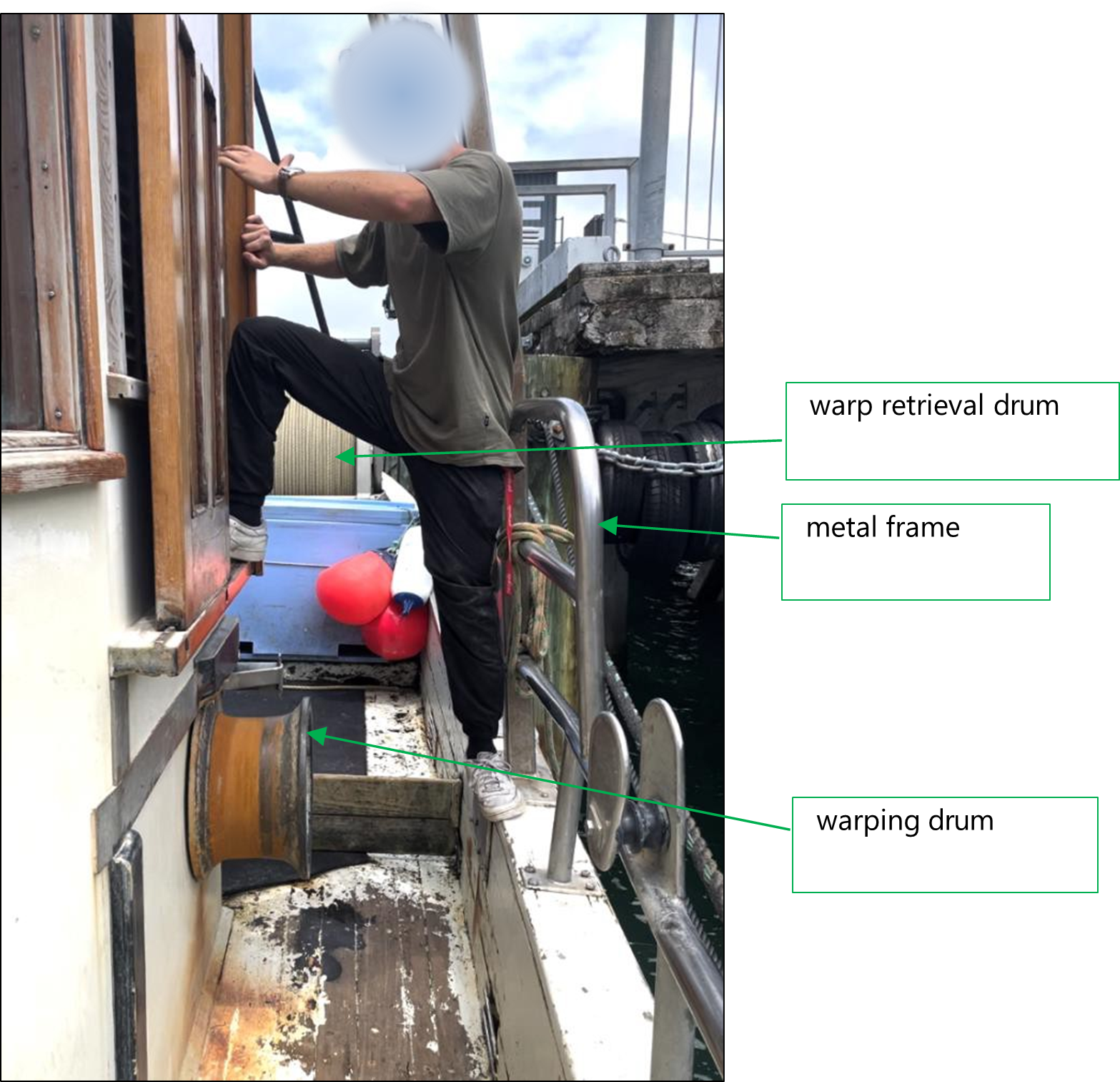 Figure 5: A crew member recreates the process of stepping onto the bulwarks to climb into the  wheelhouse 