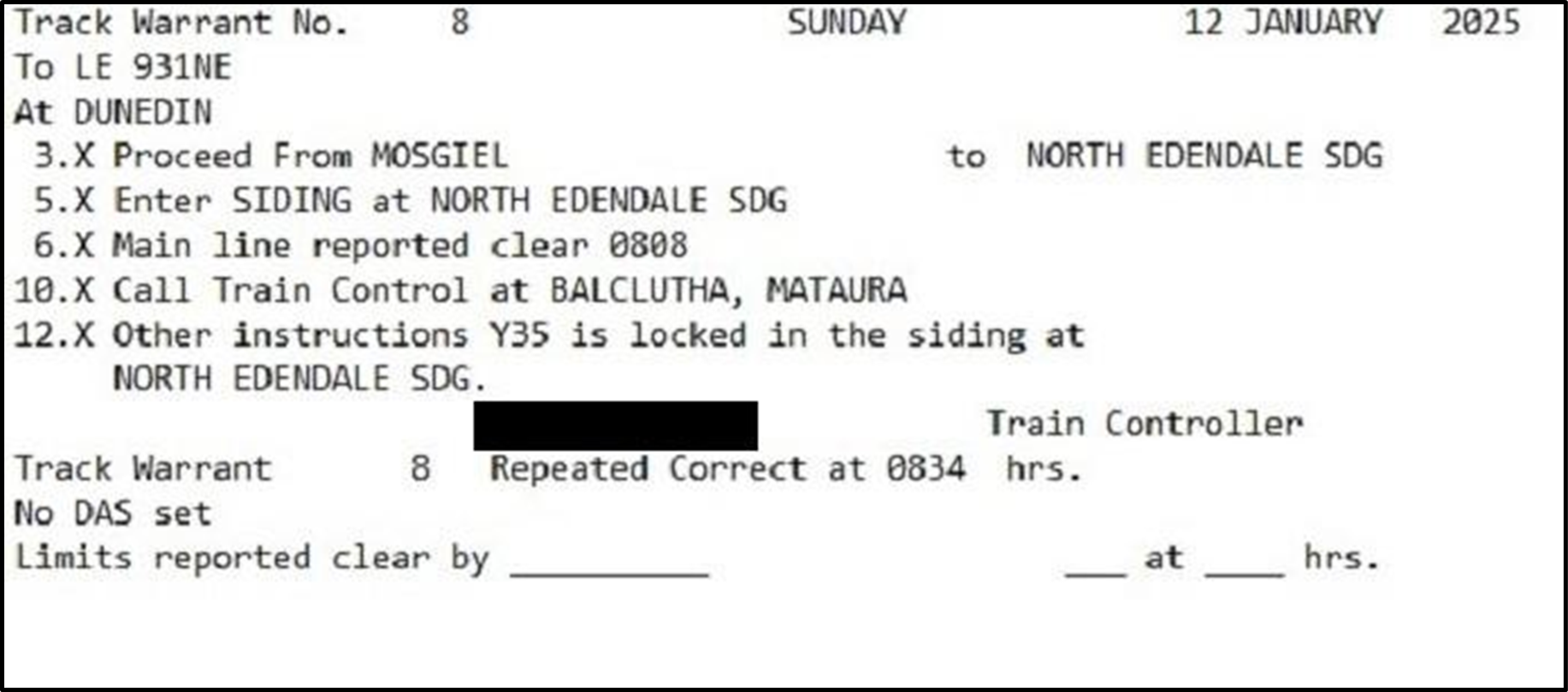 Track warrant issued to the locomotive engineer