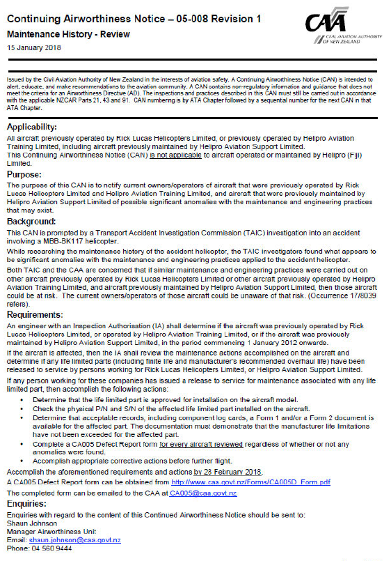 Continuing Airworthiness Notice (CAN) 05-008