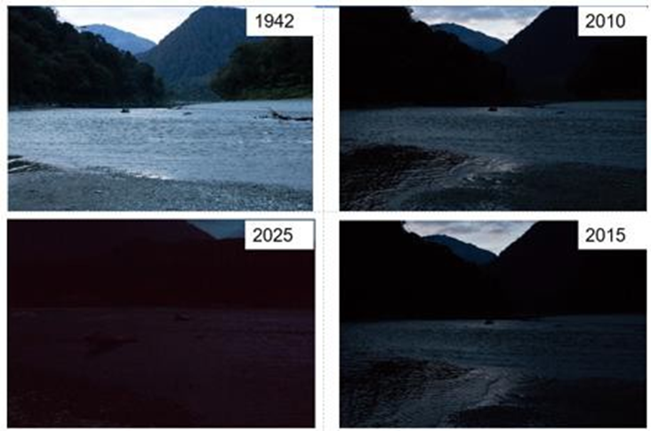 Photographs of the gravel bar area taken at 1942, 2010, 2015 and 2025 hrs