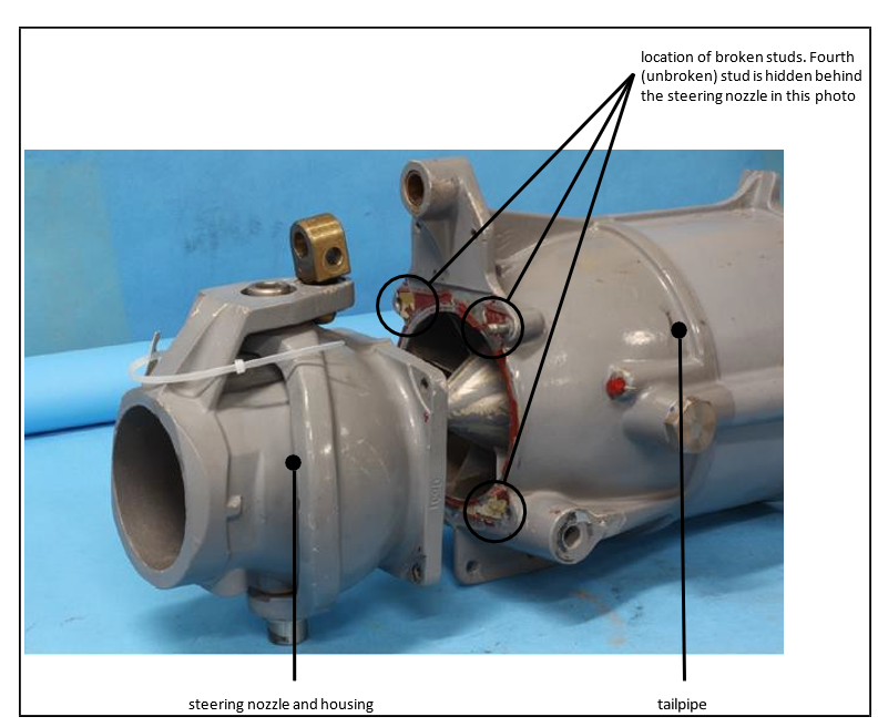 Photo showing the separated steering nozzle and tailpipe, and broken stud-bolts