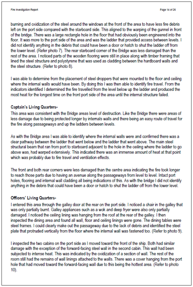 Fire investigation report in part