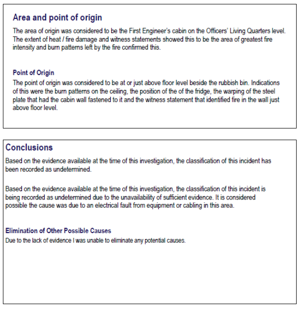 Fire investigation report in part