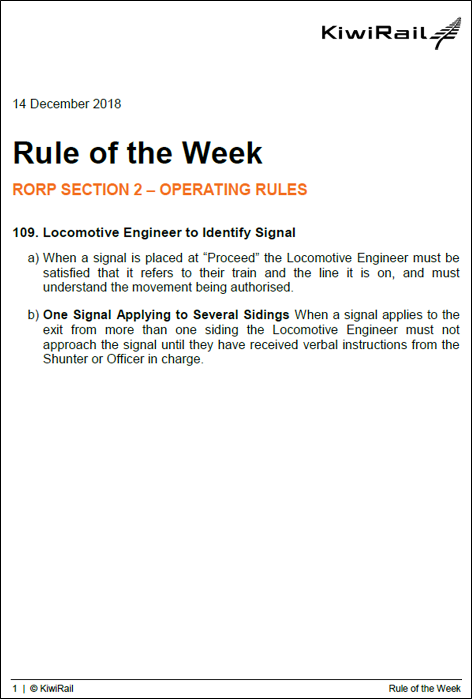 KiwiRail Rule of the Week – 14 December 2018