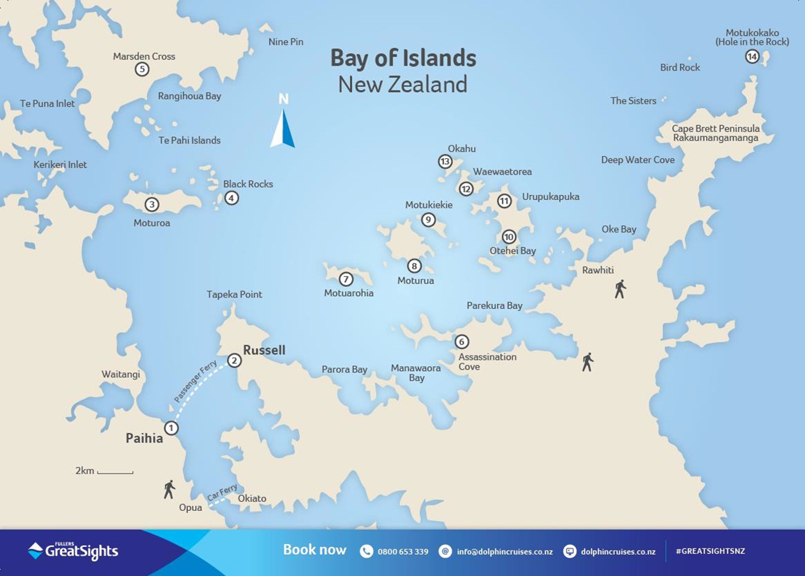 Fullers GreatSights’ tourist map of the Bay of Islands, showing locations of interest