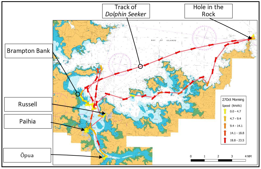 Excerpt from chart of the Bay of Islands showing the morning voyage of the Dolphin Seeker