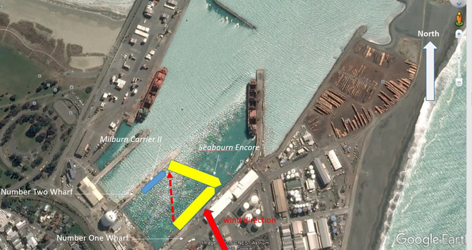 Movement of the Seabourn Encore’s stern after breaking away from Number One Wharf