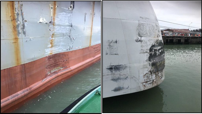 Damage sustained by the Milburn Carrier II (left) and the Seabourn Encore (right)