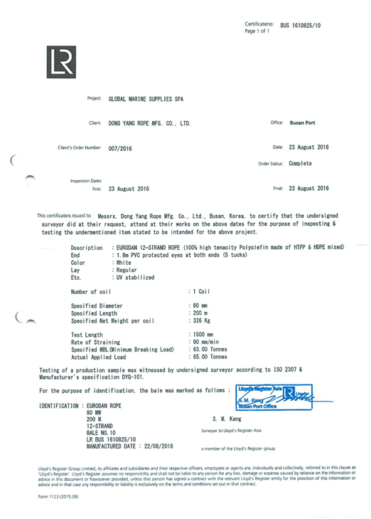 Mooring rope particulars