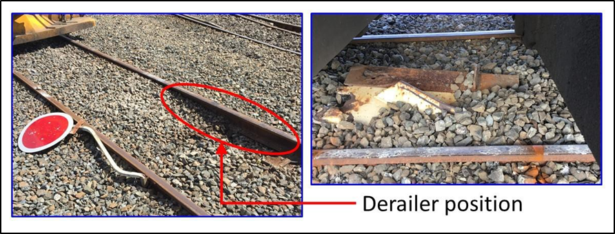Left – damaged stop-disc Right – dislodged derailer in ballast under locomotive