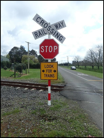 The STOP sign assembly for the northbound approach to the Lambert Road level crossing