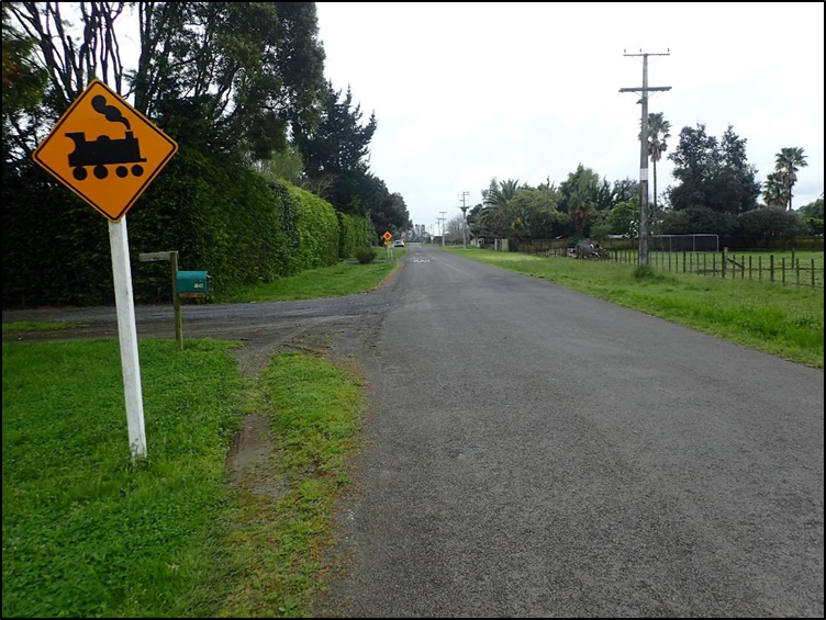 The warning sign for the northbound approach to the Lambert Road level crossing