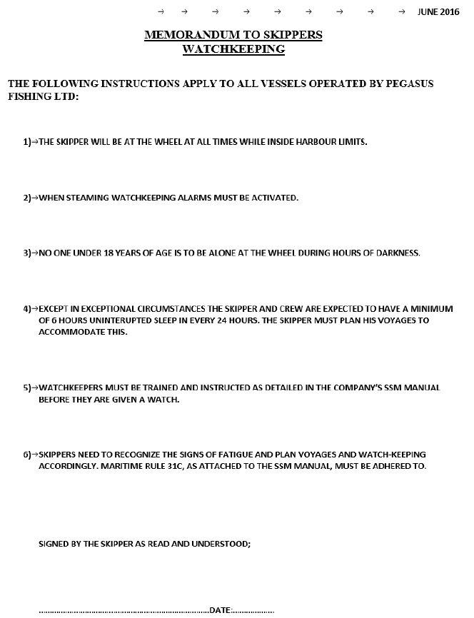 Memorandum to skippers watchkeeping