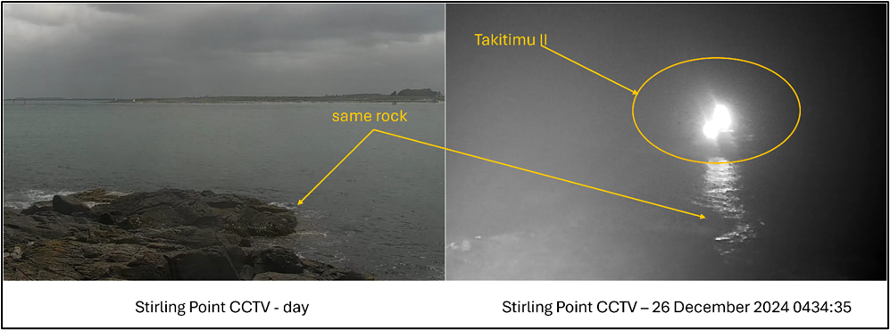 CCTV images from Stirling Point. The right-hand image shows Takitimu&nbsp;II passing Stirling Point at 0434:35