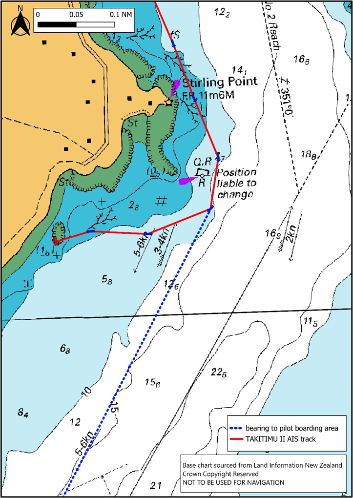Bearing from vessel’s position off Stirling Point towards the charted pilot boarding area