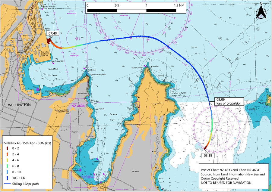 Wellington Harbour map showing track of Shiling from its berth to Falcon Shoal at 08:18