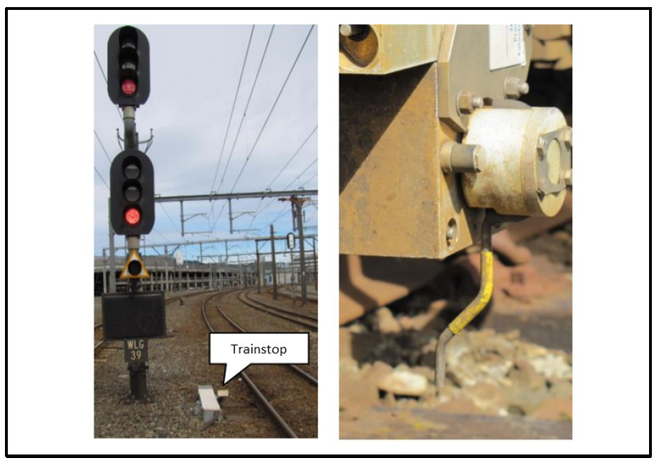 Example TrainStop (left) and trip lever on a Matangi train (right)