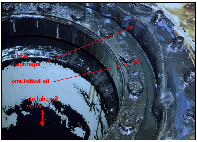 Engine sump showing rubber diaphragm fitted to drain port during dismantling