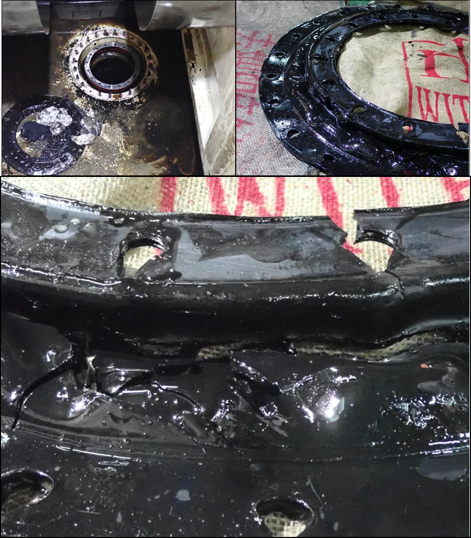 One of three rubber diaphragms removed from main engine sump