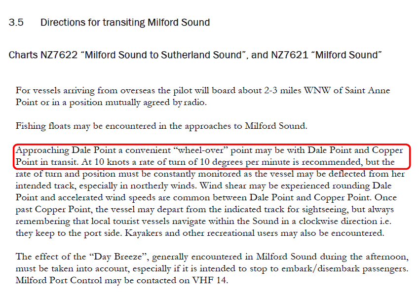 Extracts from Fiordland Pilots, Pilotage Standard Operating Procedures (2012)