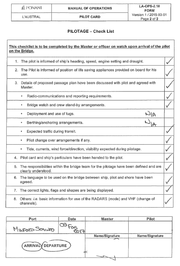 Ponant, Manual of Operations – Pilot Card