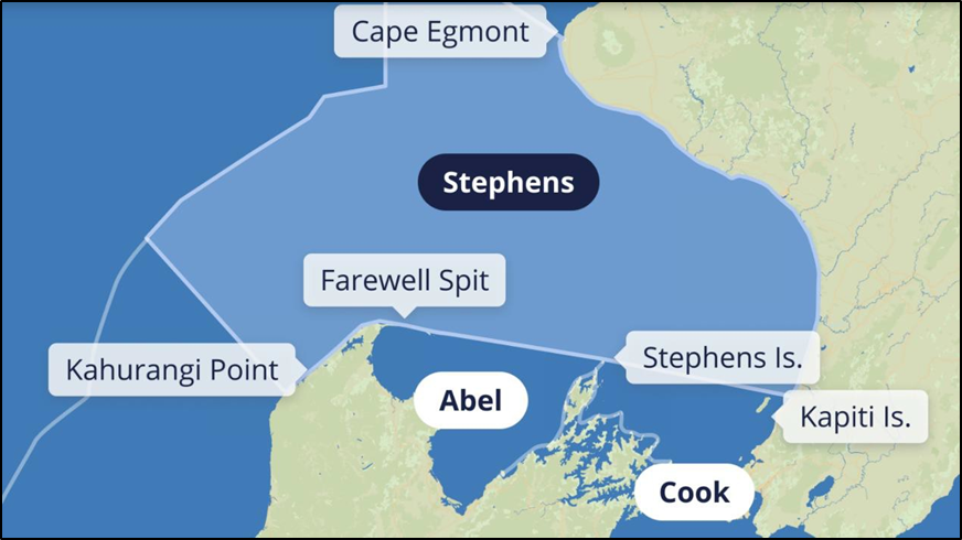 Diagram showing sea forecast areas around central New Zealand