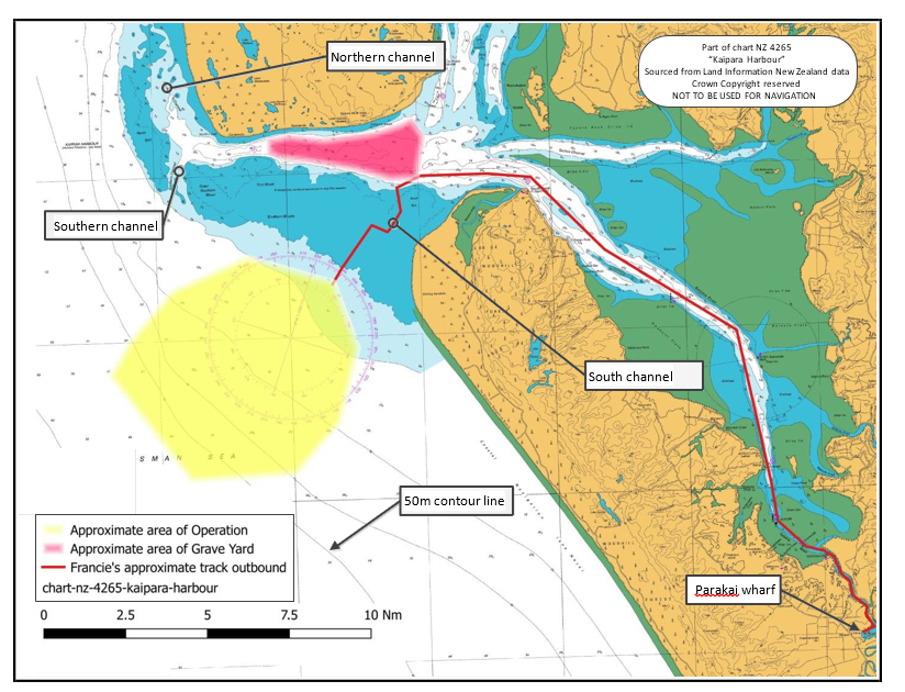 Extract of chart NZ 4265 showing Kaipara Harbour and the approximate track of the Francie