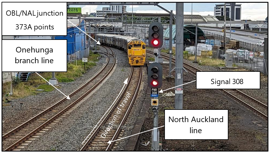 Location and aspect of signal 308 with Te Huia stopped and obstructing 373A points